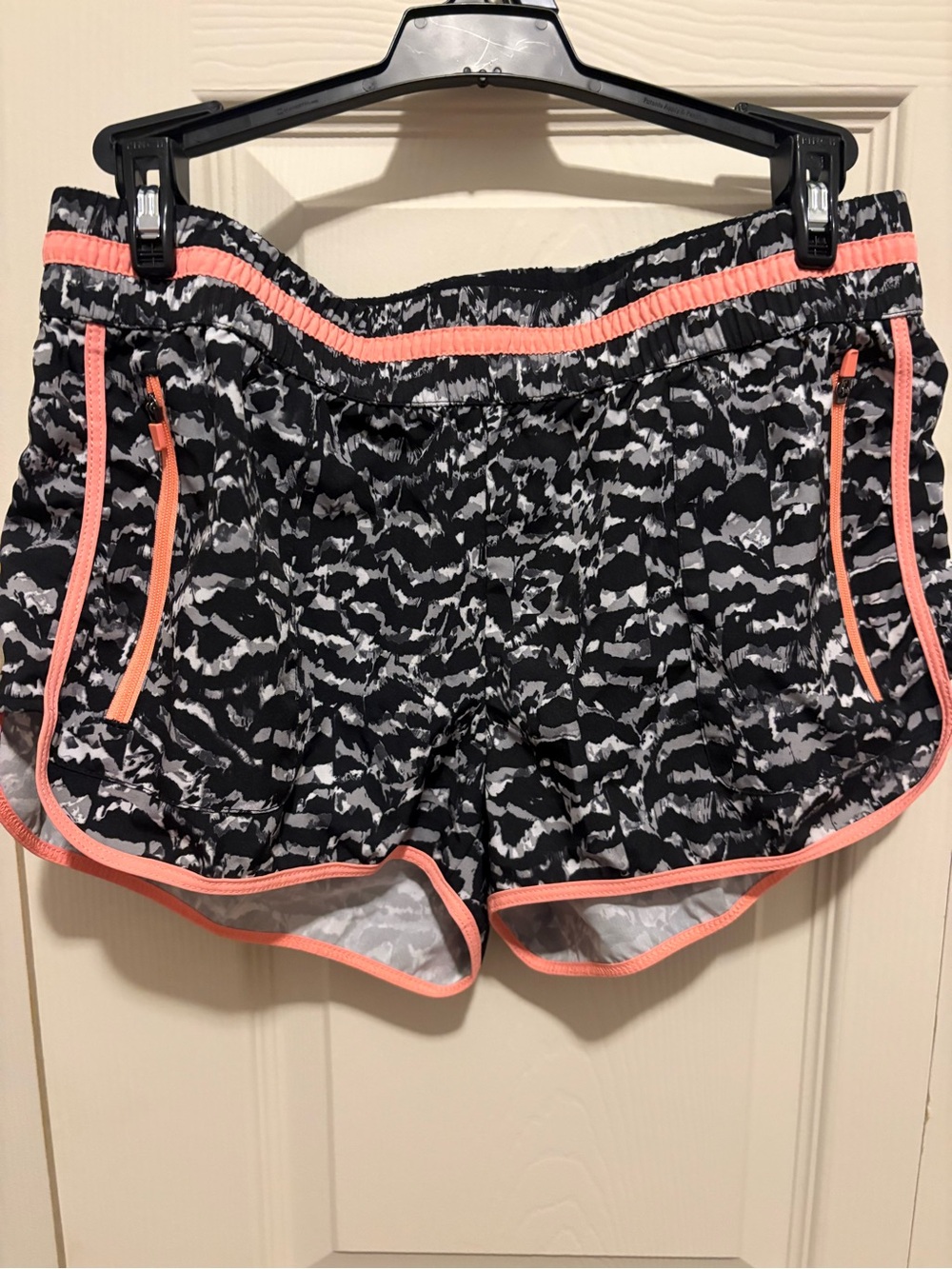 Fabletics Black & Gray Printed Athletic Shorts with Coral Trim